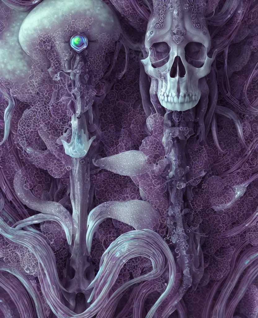 Image similar to absolute symmetry!! goddess close - up portrait human skeleton, ram skull, squid phoenix jellyfish, orchid, betta fish, bioluminiscent, intricate artwork by tooth wu and wlop and beeple. octane render, trending on artstation, greg rutkowski very coherent symmetrical artwork. cinematic, hyper realism, high detail, octane render, 8 k