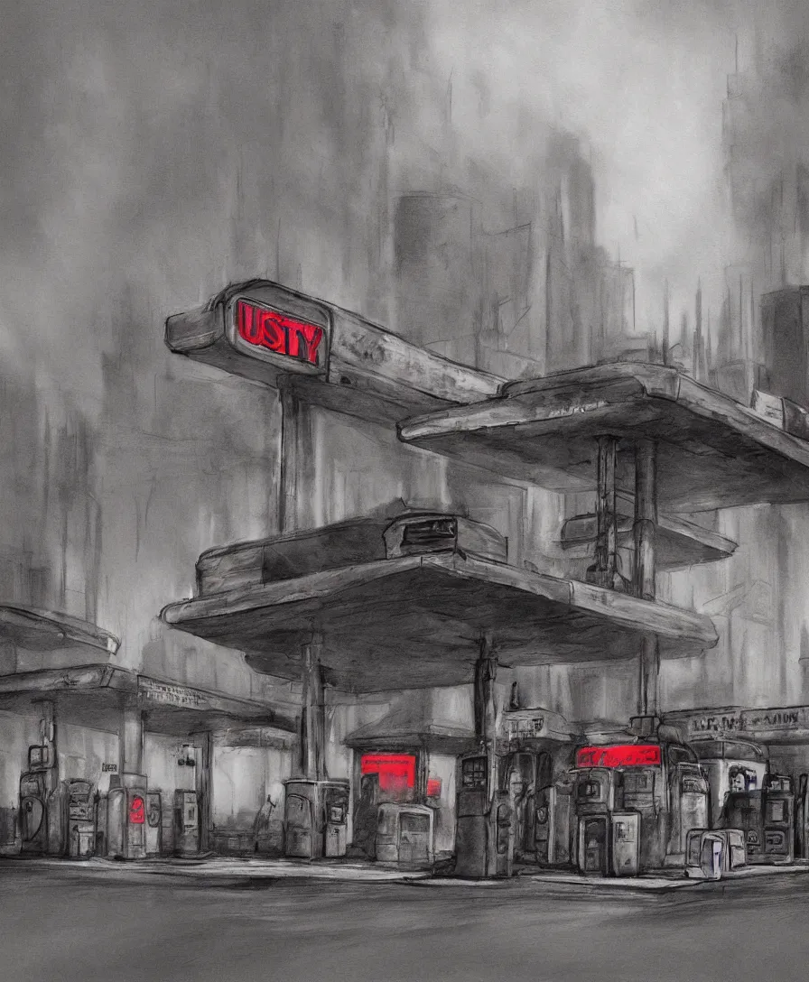Prompt: charcoal concept art illustration dusty gas station urban city grunge dirty matte painting red