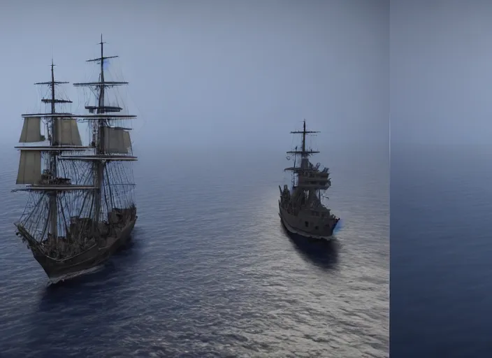 Prompt: a 1700s pirate ship sailing next to modern day US destroyer sailing side by side, hyper-realistic. Volumetric fog