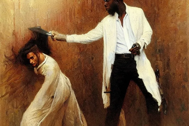 Prompt: a 3 0 year old, black contract killer wearing a pristine white dress shirt. he is hold a bloody knife. art by gaston bussiere.
