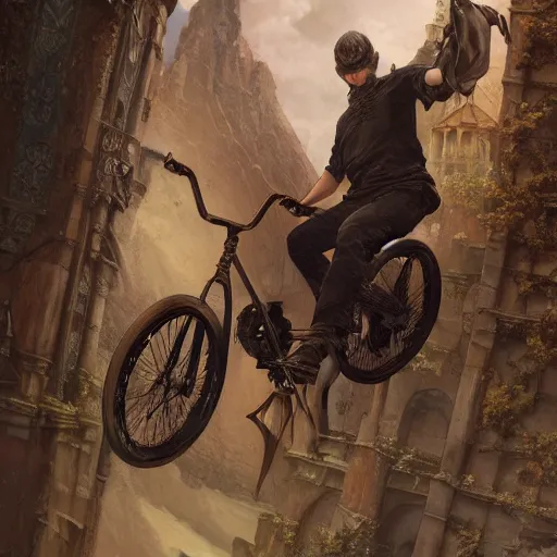 Prompt: A radical BMX jump D&D, fantasy, intricate, elegant, highly detailed, digital painting, artstation, concept art, matte, sharp focus, illustration, art by Artgerm and Greg Rutkowski and Alphonse Mucha