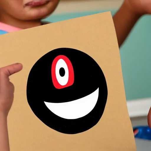 Prompt: child drawing of smiling emoji face with red eyes and thumb up.