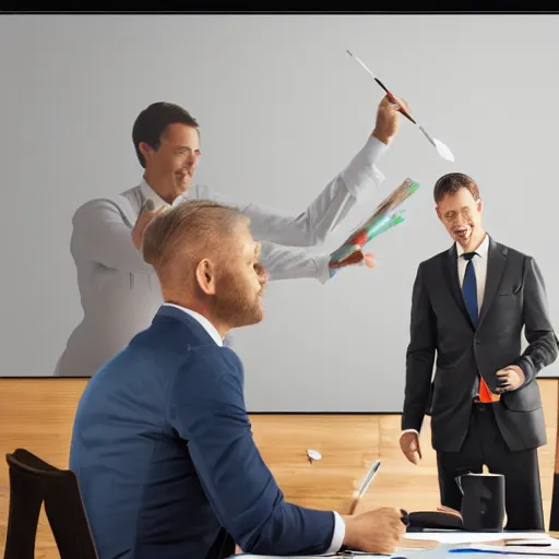 Image similar to hyperrealistic painting image where 3 happy businessmen appear in a business meeting
