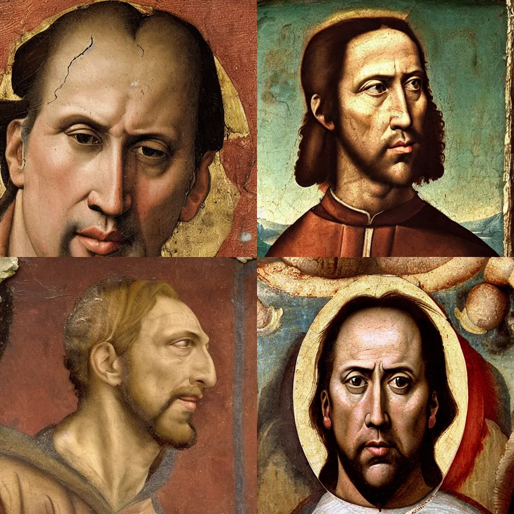 Prompt: A renaissance fresco representing Nicholas Cage, by Michelangelo, museum catalog, high detail