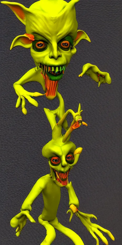 Image similar to 3d glitched malice yellow goblin doll in a street psx rendered early 90s net art n64