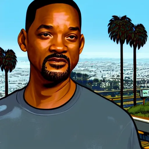 Prompt: Will Smith in GTA V . Los Santos in the background, palm trees. In the art style of Stephen Bliss.