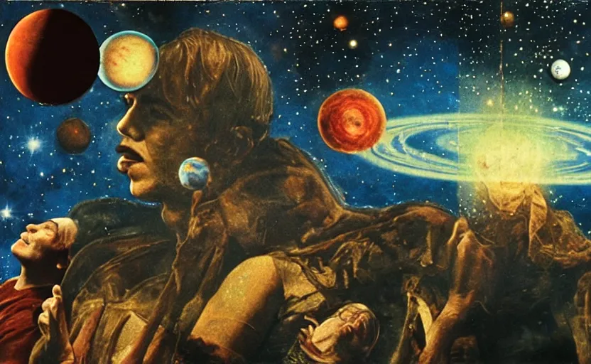 Prompt: scene from cosmologica ( 1 9 6 9 ), a movie by luchino visconti terry gilliam showing a man played by mastroianni leaving the medieval cosmos to enter the new modern universe in the style of ( ( ( renaissance cosmological painting ) ) ). blue sky with a lot of stars and planets. cinematic, technicolor, direct lighting