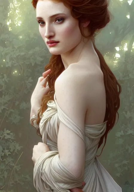 Image similar to sansa angeline jolie gessica chastain, intricate, elegant, highly detailed, digital painting, artstation, concept art, smooth, sharp focus, illustration, art by artgerm and greg rutkowski and alphonse mucha and william - adolphe bouguereau