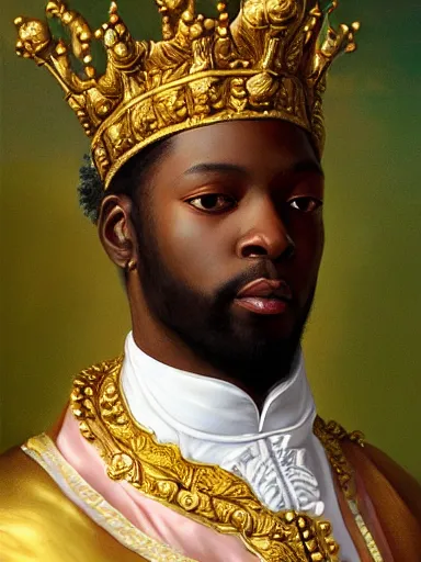 Image similar to rococo portrait of a black prince wearing a golden crown with pastel flowers, highly detailed, symmetrical, realistic, 8 k, digital painting, art by krenz cushart, kehinde wiley, artem demura