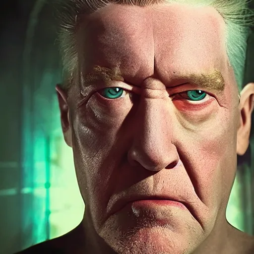 Image similar to movie still of a villain cyborg, facial expression, cinematic composition, cinematic light, surreal cinema, pastel color scheme, by david lynch,