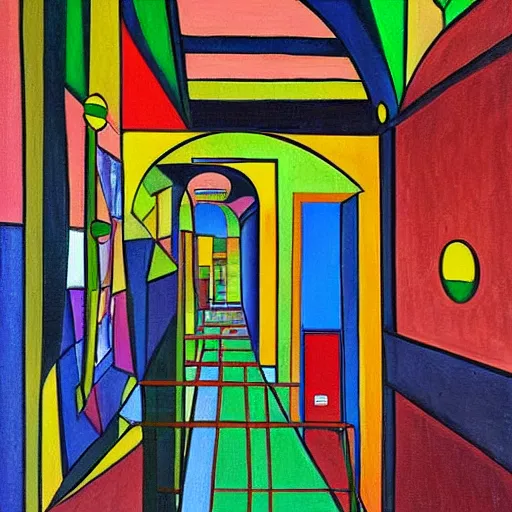 Prompt: a painting of a hallway in a building, a cubist painting by friedensreich hundertwasser, deviantart, metaphysical painting, hall of mirrors, fauvism, maximalist