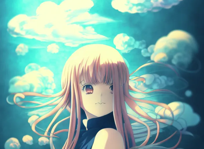 Prompt: anime portrait of a young a girl floating inside clouds,ink, Karolis Strautniekas,omoide emanon, tsuruta kenji, murata range,kawaii, kyoto animation, manga, intricate, detailed, studio lighting, gradation,editorial illustration, matte print, Ilya Kuvshinov