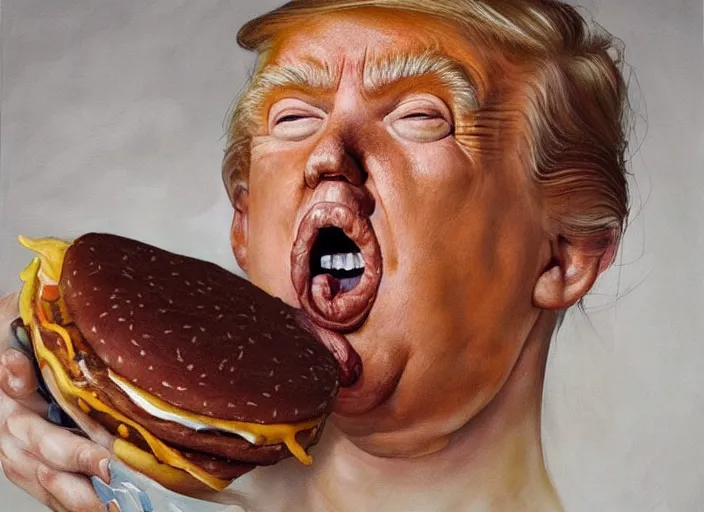 Image similar to realistic painting by jenny saville of!! donald trump!! licking a! cheeseburger!, art by jenny saville and tom bagshaw, detailed, sharp, smooth,! hamburger!