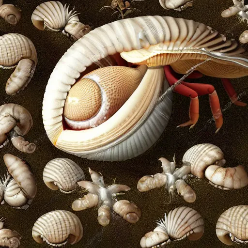 Prompt: hyperdetailed illustration of a photorealistic highly detailed minimalist hermitcrab! crab in a shell in bloom, overgrown by flemish baroque rococo unexpected details. hd. matte paper background