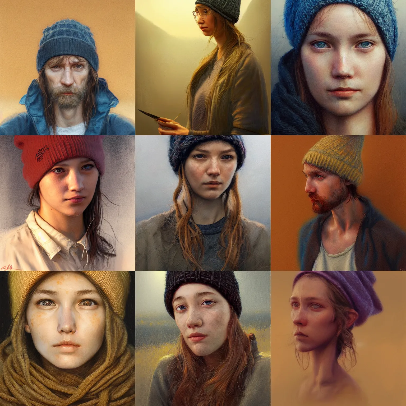 Prompt: portrait of a starving ai artist by alan lee, golden hour, concept art, detailed clothing, beanie, artstation, detailed oil painting