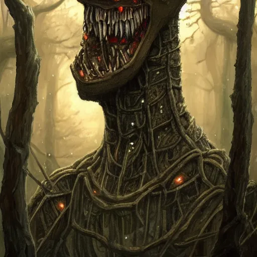 Prompt: a three headed woodland golem with a long neck in a dark forest, cloudy sky, fantasy, intricate, elegant, highly detailed, traditional painting, acrylic painting, artstation, concept art, matte, sharp focus, illustration, hearthstone, in the style of h. r. giger