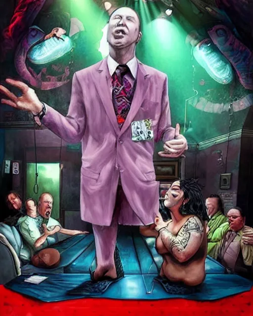 Image similar to hyper realistic doug stanhope in a strip club after eating 3 mg of lsd dof hdr art by aleksi briclot and alexander'hollllow'fedosav and laura zalenga