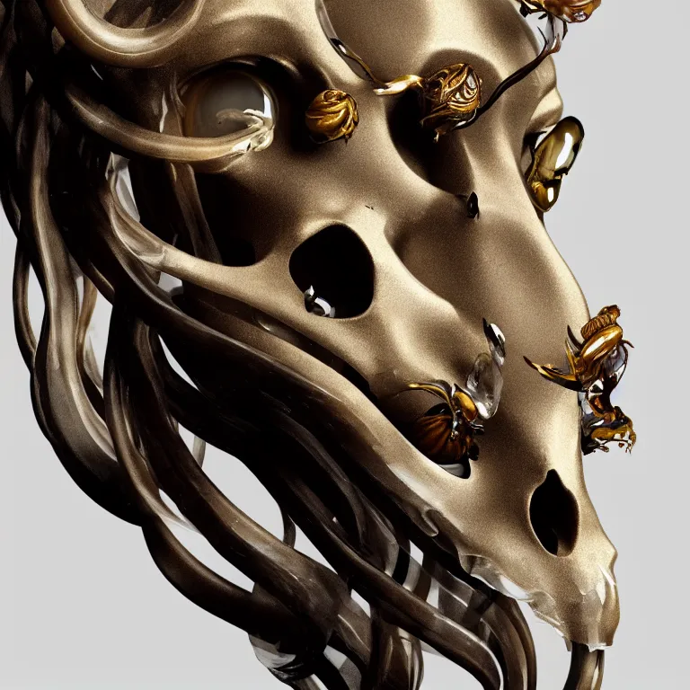 Image similar to goddess princess face close-up portrait ram skull. sculpture made of polished gold and matte obsidian. jellyfish phoenix head, nautilus, orchid, skull, betta fish, bioluminiscent creatures, intricate artwork by Tooth Wu and wlop and beeple. octane render, trending on artstation, greg rutkowski very coherent symmetrical artwork. cinematic, hyper realism, high detail, octane render, 8k