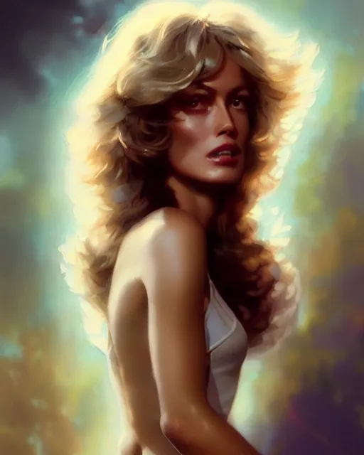 Image similar to photo of farra fawcett, film still, dslr, by greg rutkowski, enoch bolles, ross tran, artgerm, wlop glossy skin, intricate detail, art deco, pearlescent, very coherent, cute