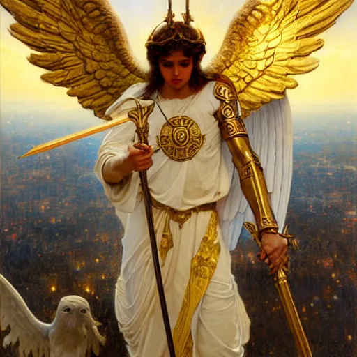 Prompt: saint michael the angel, guarding the world from evil. highly detailed painting by gaston bussiere, greg rutkowski, j. c. leyendeker 8 k