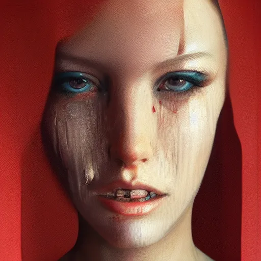 Image similar to abstract woman face showing the contours through a cloth that covers her whole face, highly detailed, modern, digital art, red color, unreal engine, photorealism, cinematic lighting, 8k photorealistic, dramatic, trending on artstation, by Greg Rutkowski