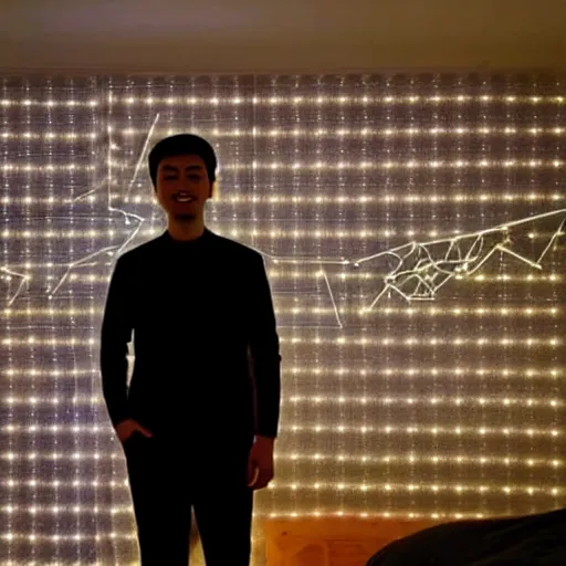 Image similar to a 2 5 year old asian daytrader standing proudly in front of triangular nanoleaf led lights on his bedroom wall