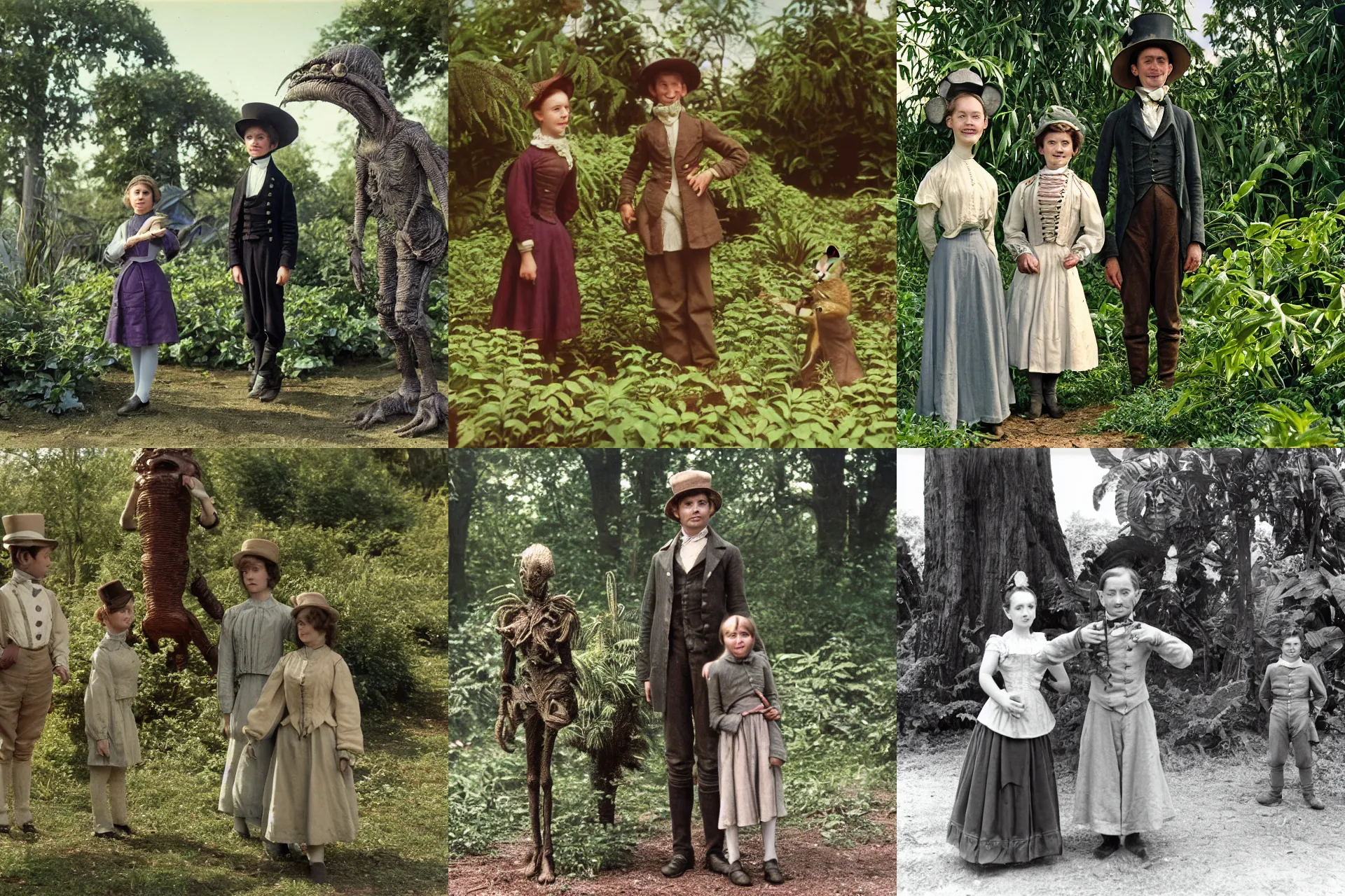 Prompt: detailed, sharp, a girl and a boy standing next to some alien plants, looking happy, wearing 1850s era clothes, their small pet alien creature is standing nearby, in a park on a strange alien planet, extremely highly detailed, 70 mm still from a classic period sci fi color movie, 4k, high quality lighting