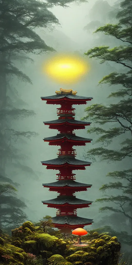 Image similar to japanese style shrine on top of a misty mountain overgrown by glowing mushrooms, hyper realistic, lush gnarly plants, 8 k, denoised, by greg rutkowski, tom bagshaw, james gurney cinematic lighting