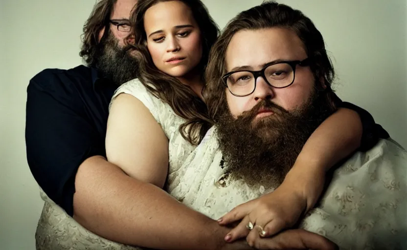 Image similar to movie still close-up portrait of Alicia Vikander happily marrying a morbidly obese bearded nerd, by David Bailey, Cinestill 800t 50mm eastmancolor, heavy grainy picture, very detailed, high quality, 4k, HD criterion, precise texture and facial expression