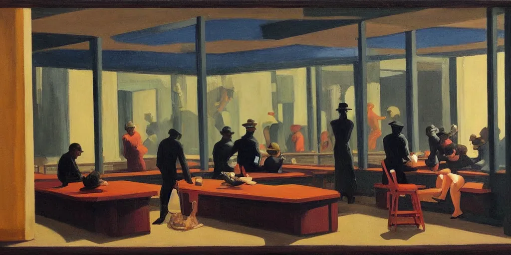 Image similar to painting, view from inside edward hopper's painting nighthawks, of a group of werebears inside a gallery, by magrirre, by neo rauch