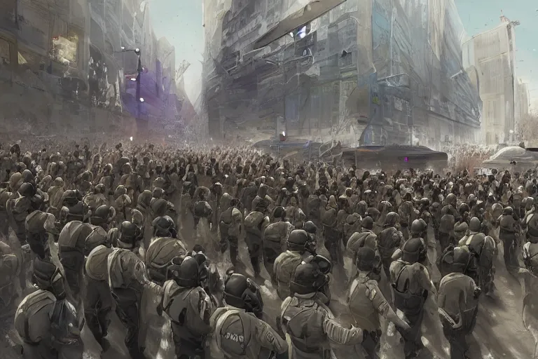 Image similar to police lined up, standing against the crowd of protesters, concept art, intricate details, highly professionally detailed, cgsociety, highly detailed -