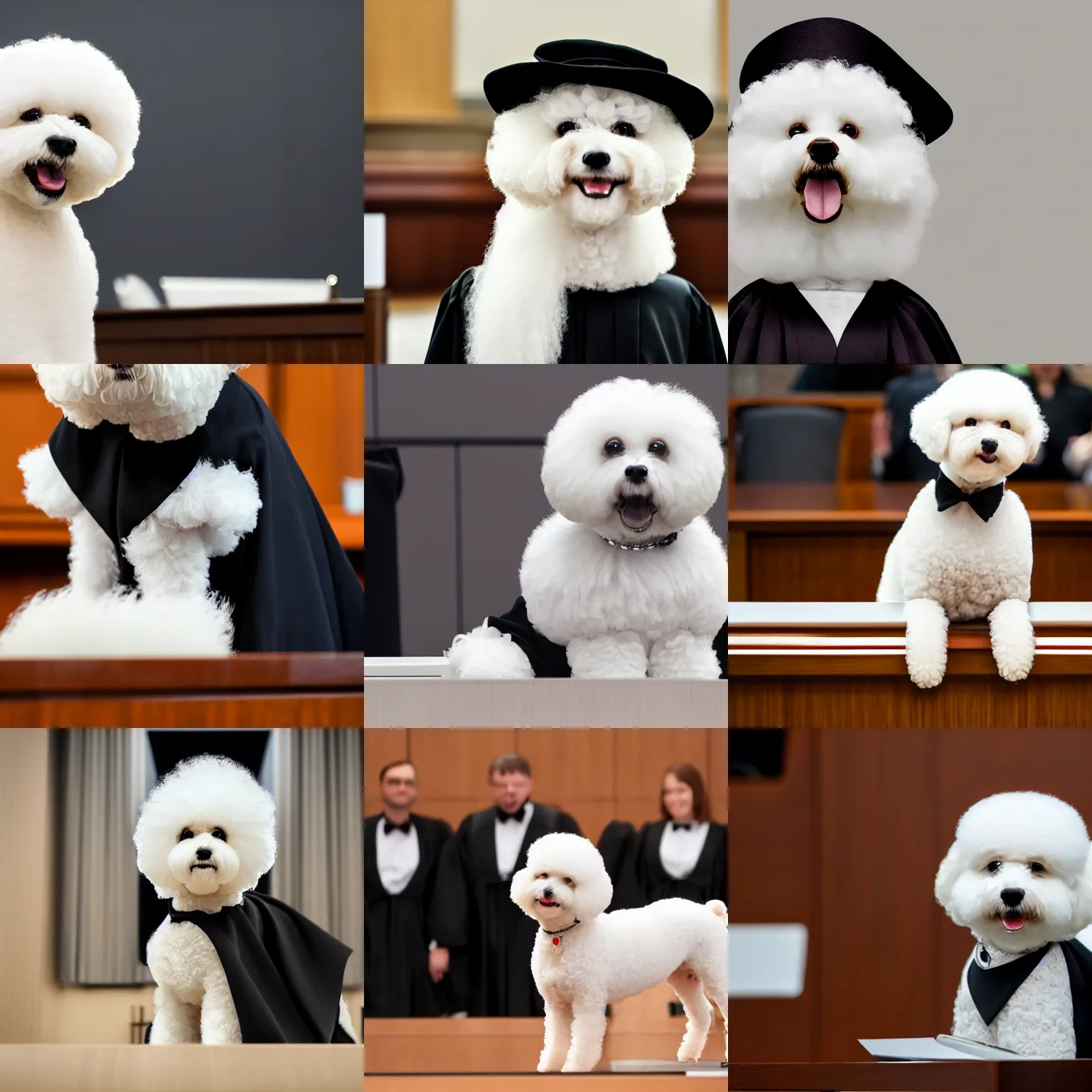 Image similar to a closeup photorealistic photograph of a cute smiling white bichon frise judge wearing a black gown and addressing a courthouse. this 4 k hd image is trending on artstation, featured on behance, well - rendered, extra crisp, features intricate detail, epic composition and the style of unreal engine.