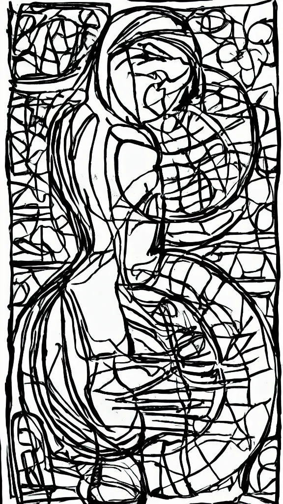 Image similar to simple abstract woman at pottery wheel, black and white, outline drawing, thin sharpie