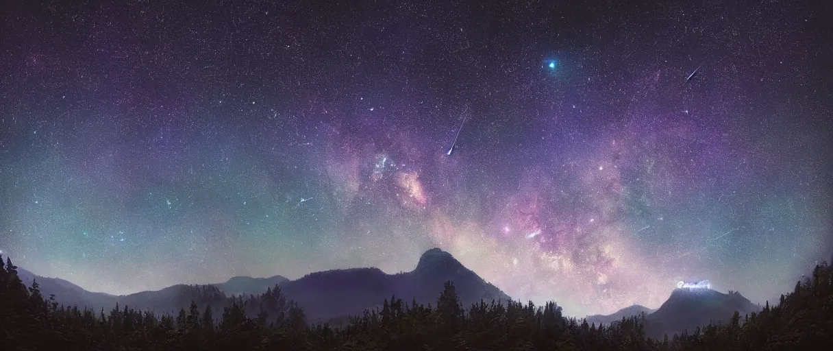 Prompt: digital photography of a ultra detailed night sky with constellations, ultra detailed milky way constellation, Perseides meteor shower, ultra detailed hill top over behind a forest with a magical blue lake, magical atmosphere, large mountains in back, concept art, low angle, high detail, warm lighting, volumetric, vivid, beautiful, trending on artstation, by Jordan Grimmer, no focus, huge scene, ultra detailed trees, F11 aperture, in the style of JIM RICHARDSON