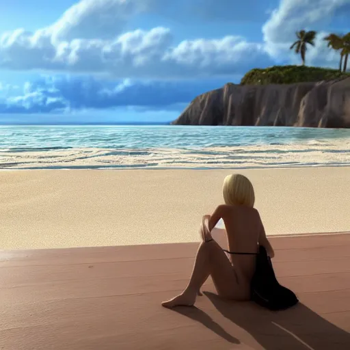 Prompt: blonde girl by the sea, photo realistic, unreal engine, 4k, dynamic light