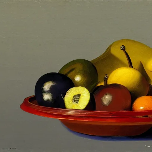 Image similar to in the style of Vincent Di Fate and Chris Moore, a bowl of fruits, very highly detailed, 8k, wallpaper