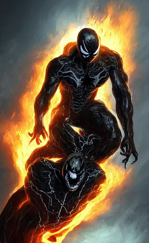 Image similar to venom as ghost rider, dynamic lighting, photorealistic fantasy concept art, trending on art station, stunning visuals, terrifying, creative, cinematic