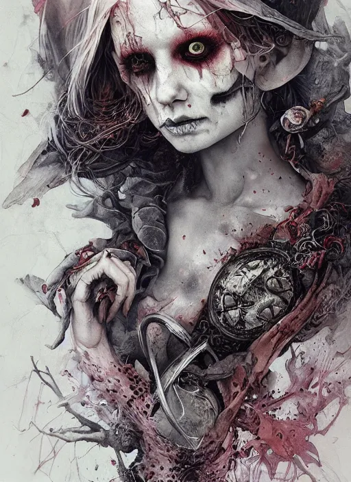 Image similar to Alice in Wonderland White Rabbit Death Tarot card,highly detailed,half skull face,cinematic,8k,by Stanley Artgermm,Tom Bagshaw,Greg Rutkowski,Carne Griffiths, Ayami Kojima, Beksinski, Giger,trending on DeviantArt,hyper detailed,horror, full of colour