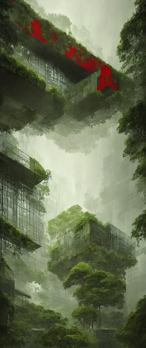 Prompt: brutalist architecture inspired by louis kahn deep in the rainforest. nature is taking over. matte painting by ivan laliashvili. concept art. color scheme green and red. mist. cinematic.