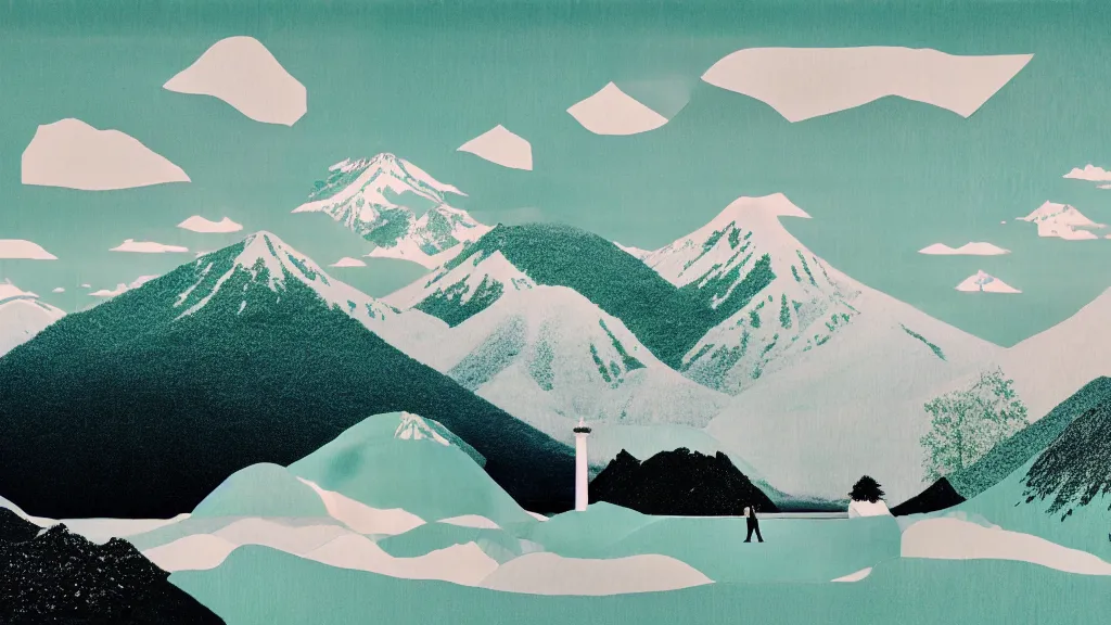 Image similar to dramatic landscape of hokkaido prefecture, japan, a collage painting, in the style of wes anderson, lola dupre, david hockney, isolated on negative white space background dark monochrome neon fluorescent spraypaint accents volumetric octane render