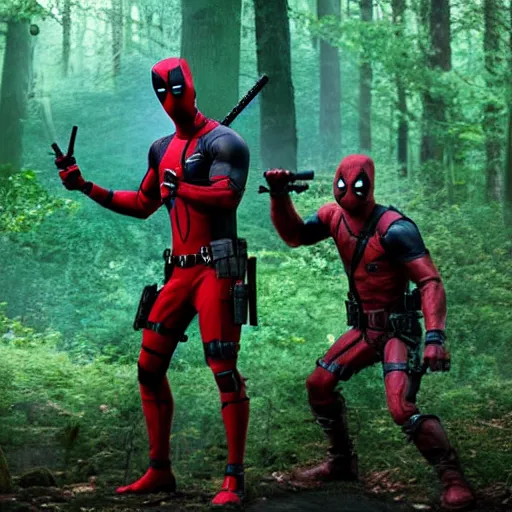 Prompt: deadpool and groot in the woods playing digital art 4 k detailed