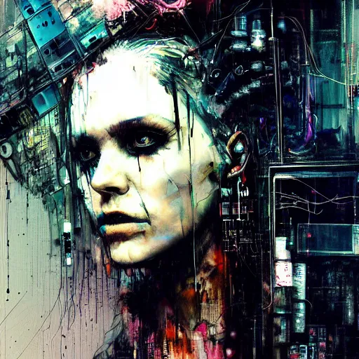 Prompt: a cyberpunk gothic noir musician, skulls, wires cybernetic implants, synthesizers and electronic equipment, machine noir grimcore in cyberspace photoreal, atmospheric by jeremy mann francis bacon and agnes cecile, ink drips paint smears digital glitches