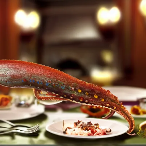 Image similar to a squid in the middle of a dinner table, there are plates setup, realistic hd photo