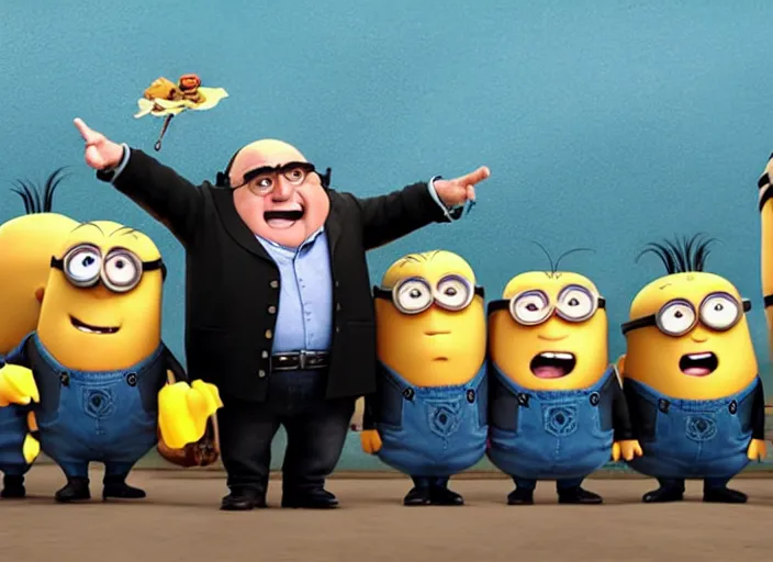 Image similar to Danny DeVito cast as Gru with his minions, still from Despicable Me 2010