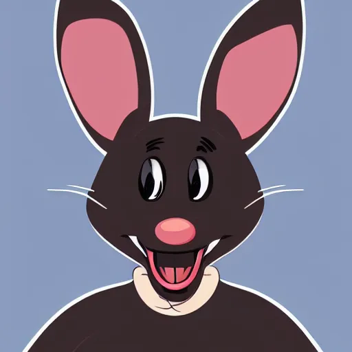 Image similar to A extremely highly detailed majestic hi-res beautiful, highly detailed head and shoulders portrait of a scary terrifying, horrifying, creepy black cartoon rabbit with scary big eyes, earing a shirt laughing, hey buddy, let's be friends, in the style of Walt Disney animation