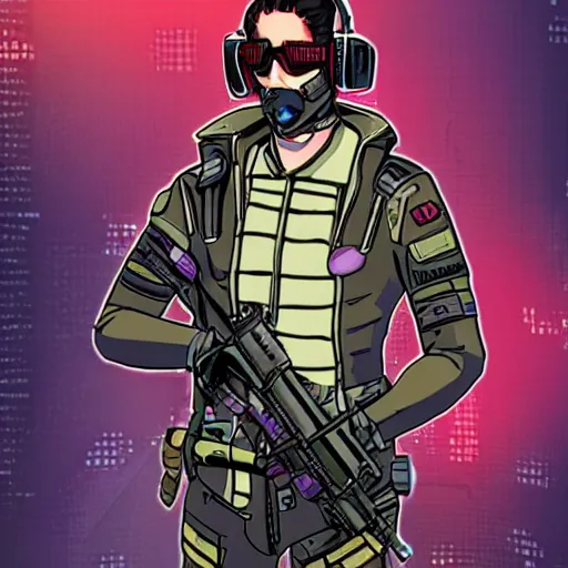 Image similar to male cyberpunk wearing a cyberpunk headset and tactical gear. In style of travis charest and laurie greasley, detailed