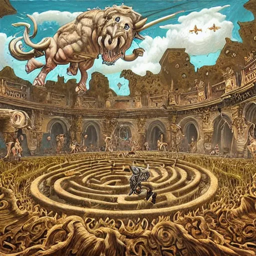 Prompt: a hyper realistic painting of a minotaur chasing people in a labyrinth, by joe fenton, highly detailed, vivid color,