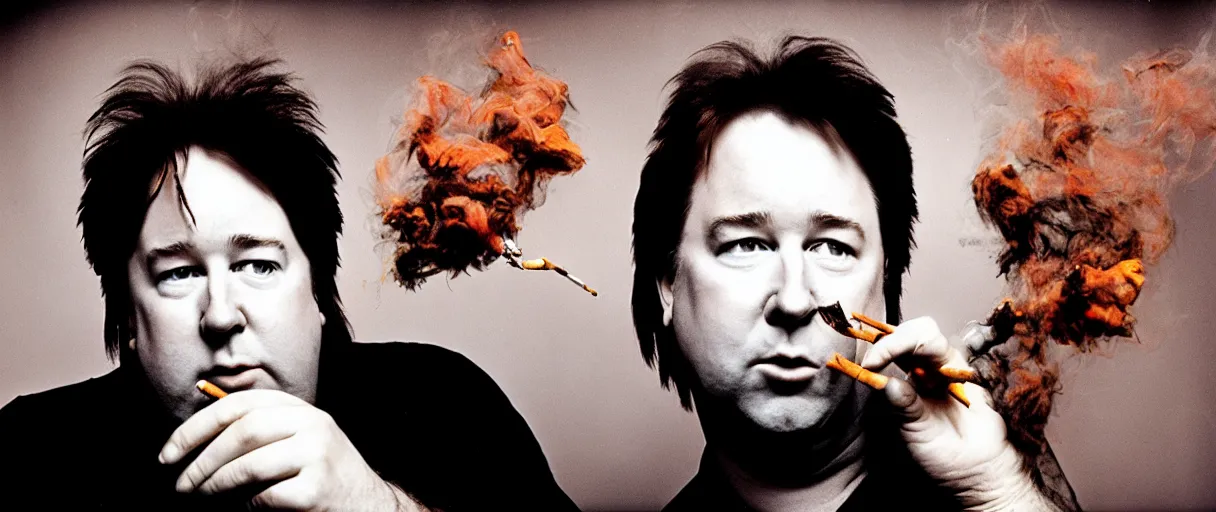 Image similar to award winning photo of BILL HICKS finds a treasure in an apartment smoking, vivid colors, happy, symmetrical face, beautiful eyes, studio lighting, wide shot art by Sally Mann & Arnold Newman