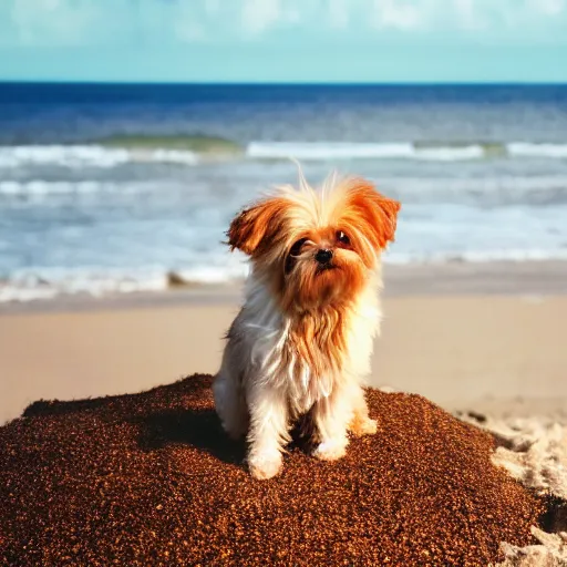 Prompt: a small dog sitting on top of a sandy beach, a picture by wes anderson, shutterstock contest winner, dau - al - set, sense of awe, angelic photograph, majestic