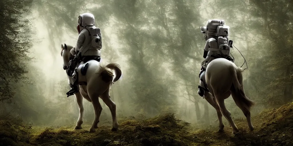 Image similar to an astronaut riding on the back of a white horse through a forest, a detailed matte painting by frieke janssens, featured on cgsociety, fantasy art, matte painting, reimagined by industrial light and magic, matte drawing